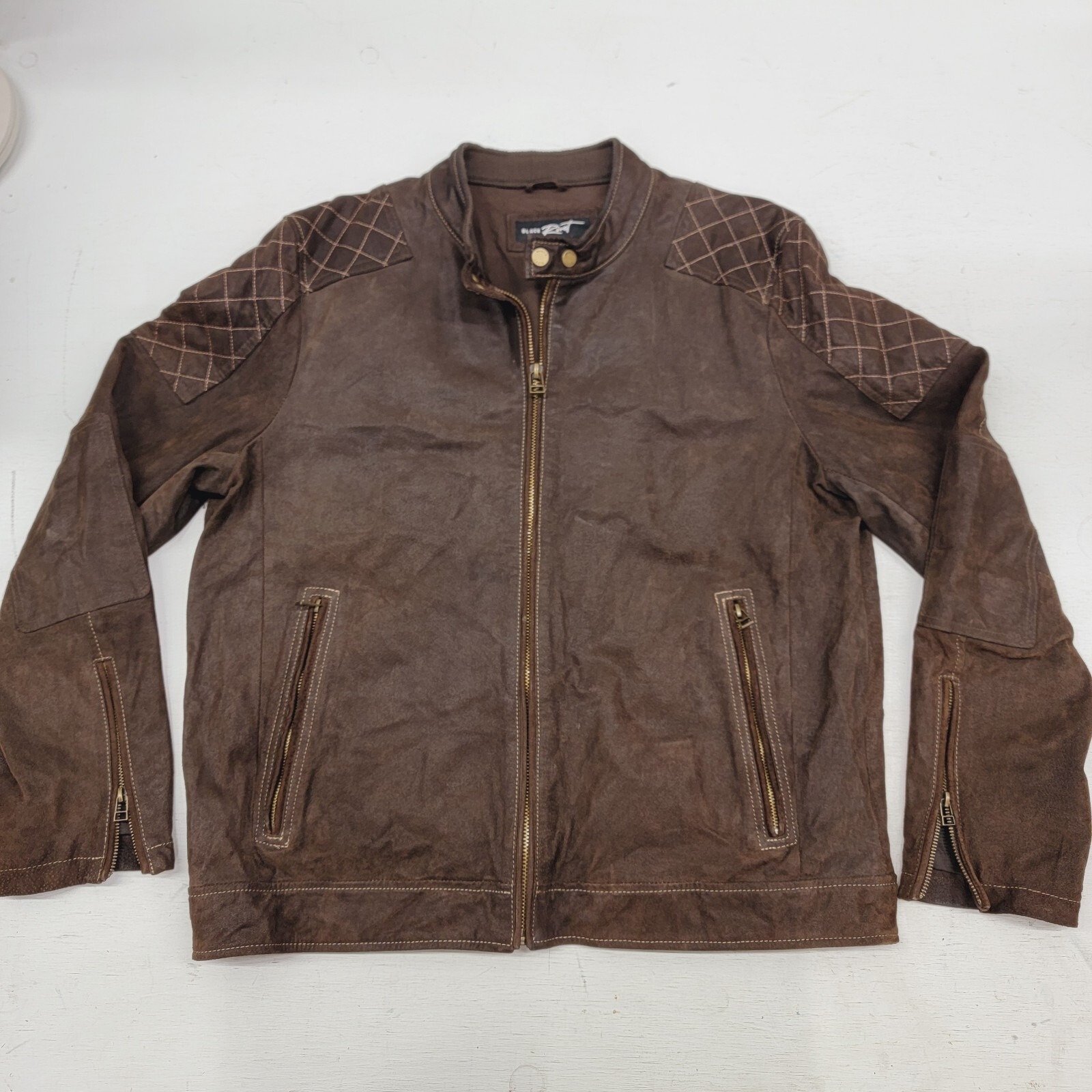Black Rivet Brown Leather Motorcycle Jacket Diamond Topstich Men's Sz Xl Euc